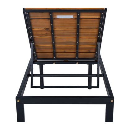 Outdoor Chaise With Adjustable Backrest, wood slat seat and black metal frame on Tampa Home & Garden Store