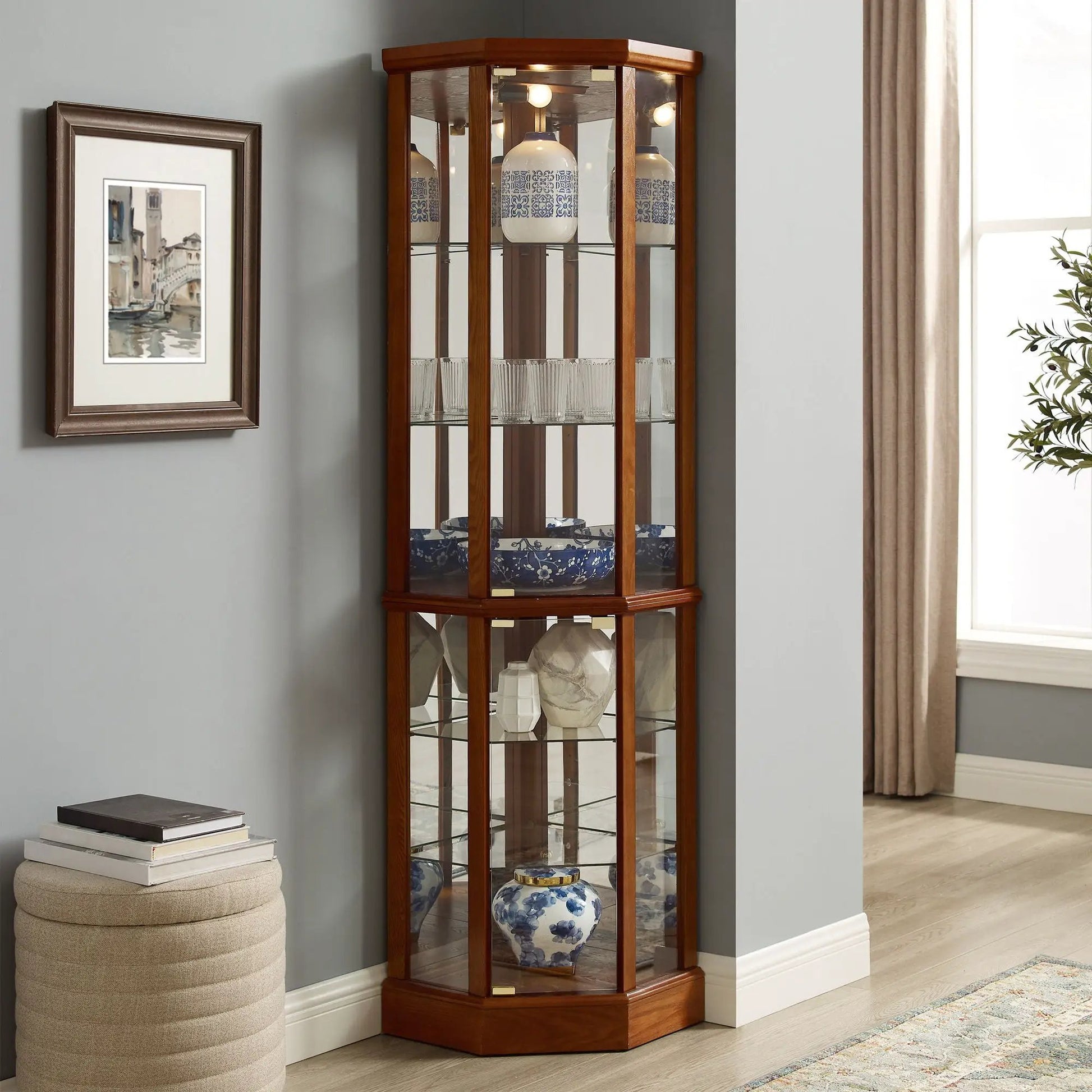 Six-shelf corner curio cabinet with glass doors, tempered shelves, mirrored back and lighting on Tampa Home & Garden Store
