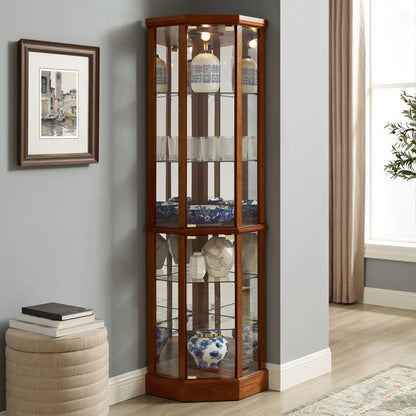 Six-shelf corner curio cabinet with glass doors, tempered shelves, mirrored back and lighting on Tampa Home & Garden Store