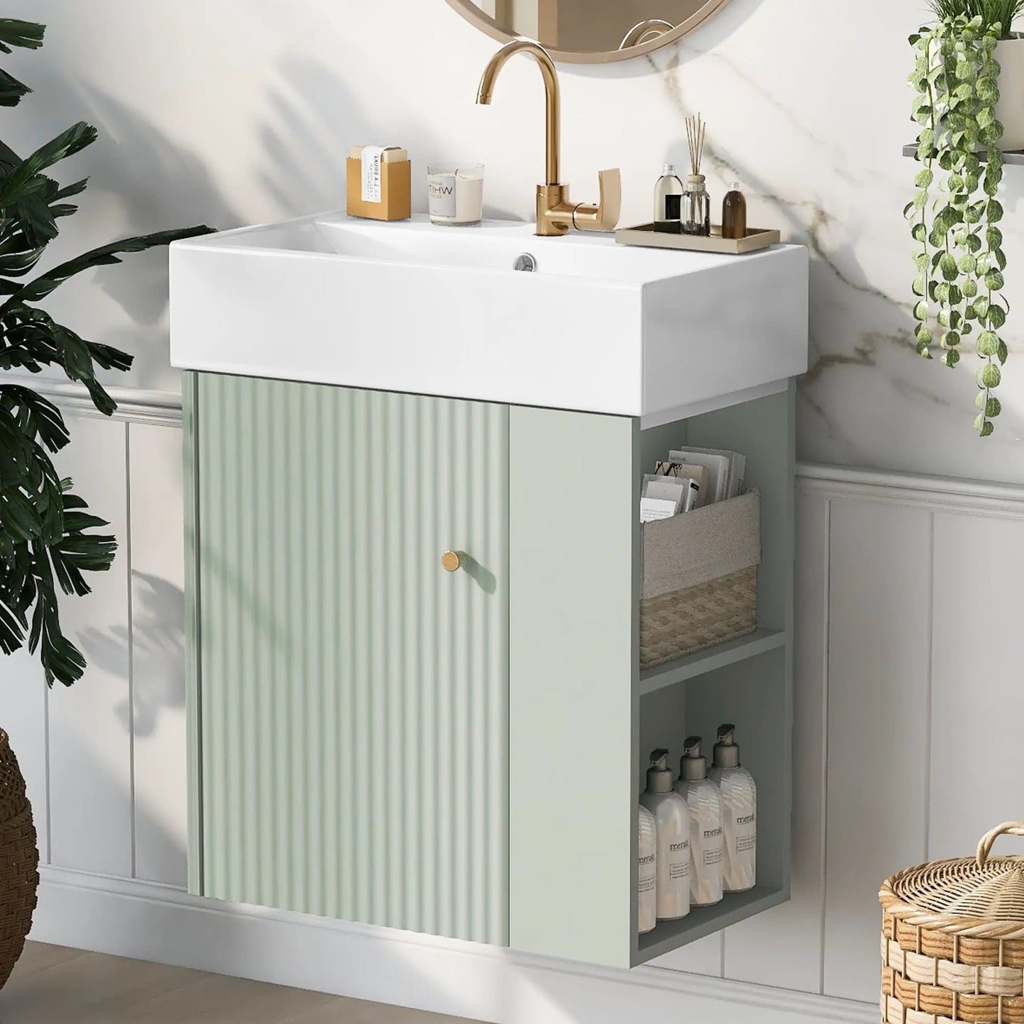 Compact Modern Floating Vanity with Ceramic Basin