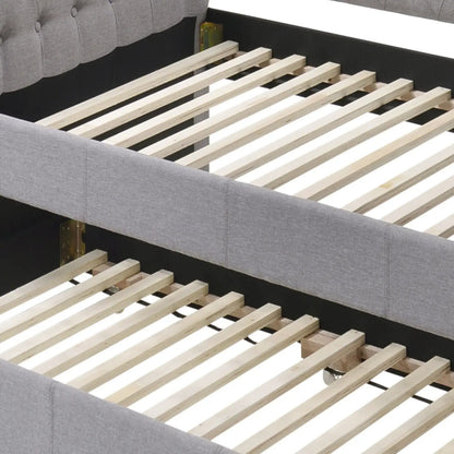 Justice Twin Daybed with Trundle in smoke gray fabric and wooden slat base on Tampa Home & Garden Store