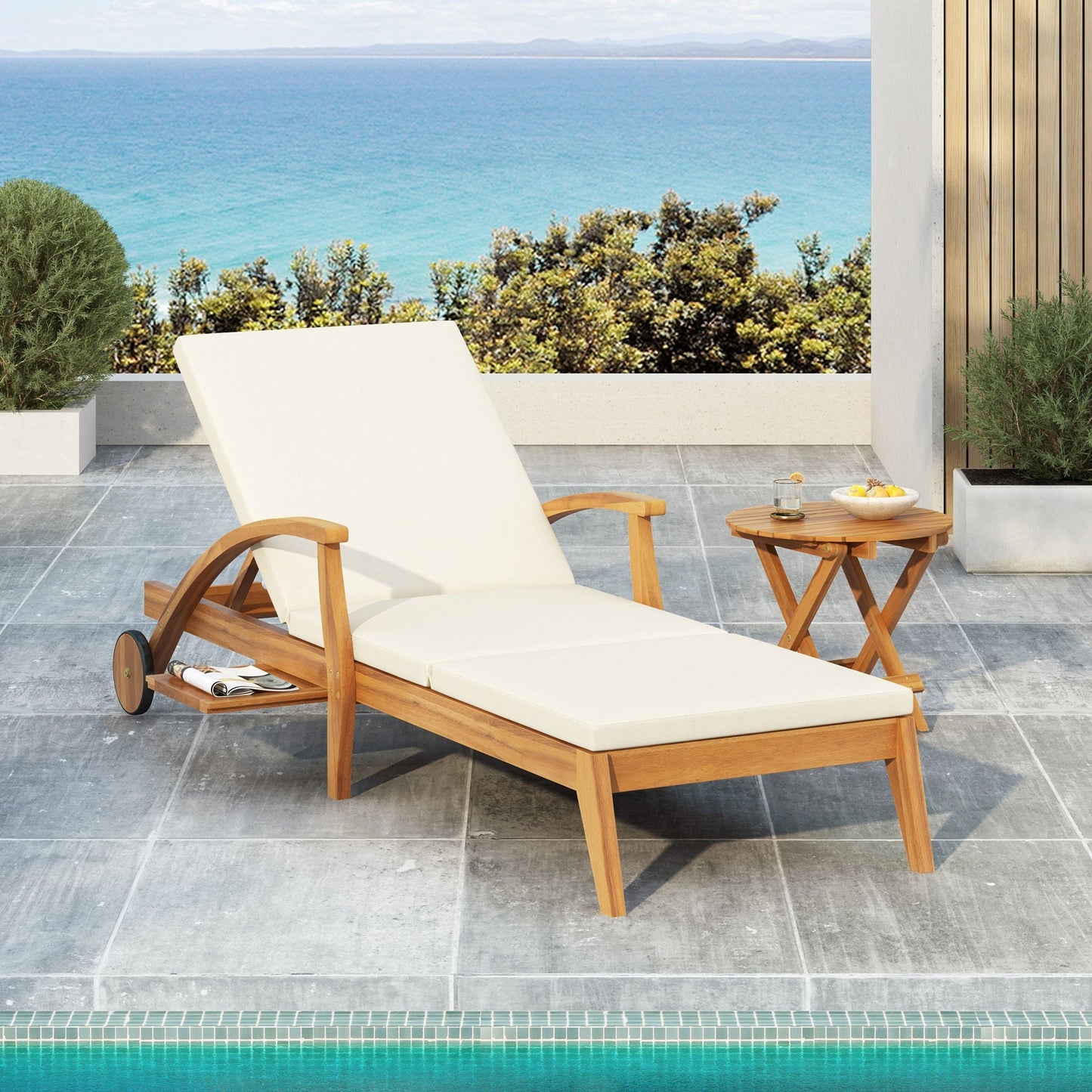 Versatile Chaise Lounge With Wheels, acacia wood, cream cushions, poolside by HouseOfZazla on Tampa Home & Garden Store