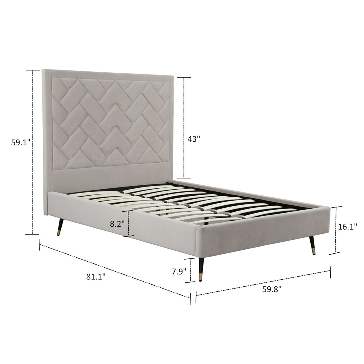 Crosby upholstered bed with diamond headboard in light gray fabric, slats, HouseOfZazla on Tampa Home & Garden Store