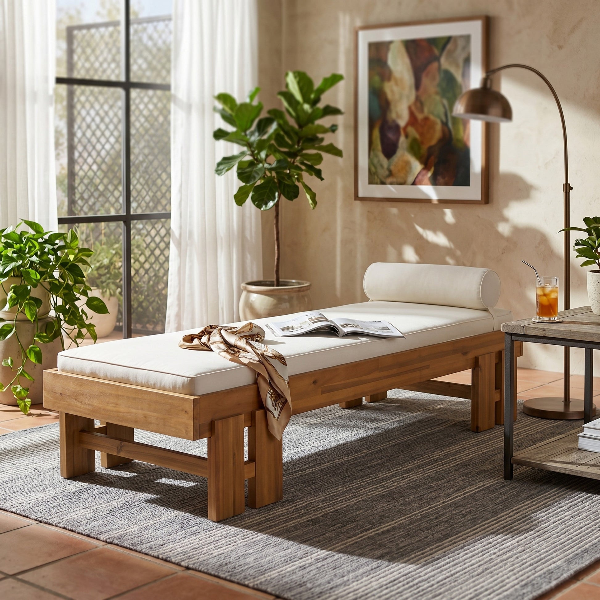 Teak Finish Acacia Wood Daybed with Cream Cushion by HouseOfZazla for Patio Seating on Tampa Home & Garden Store