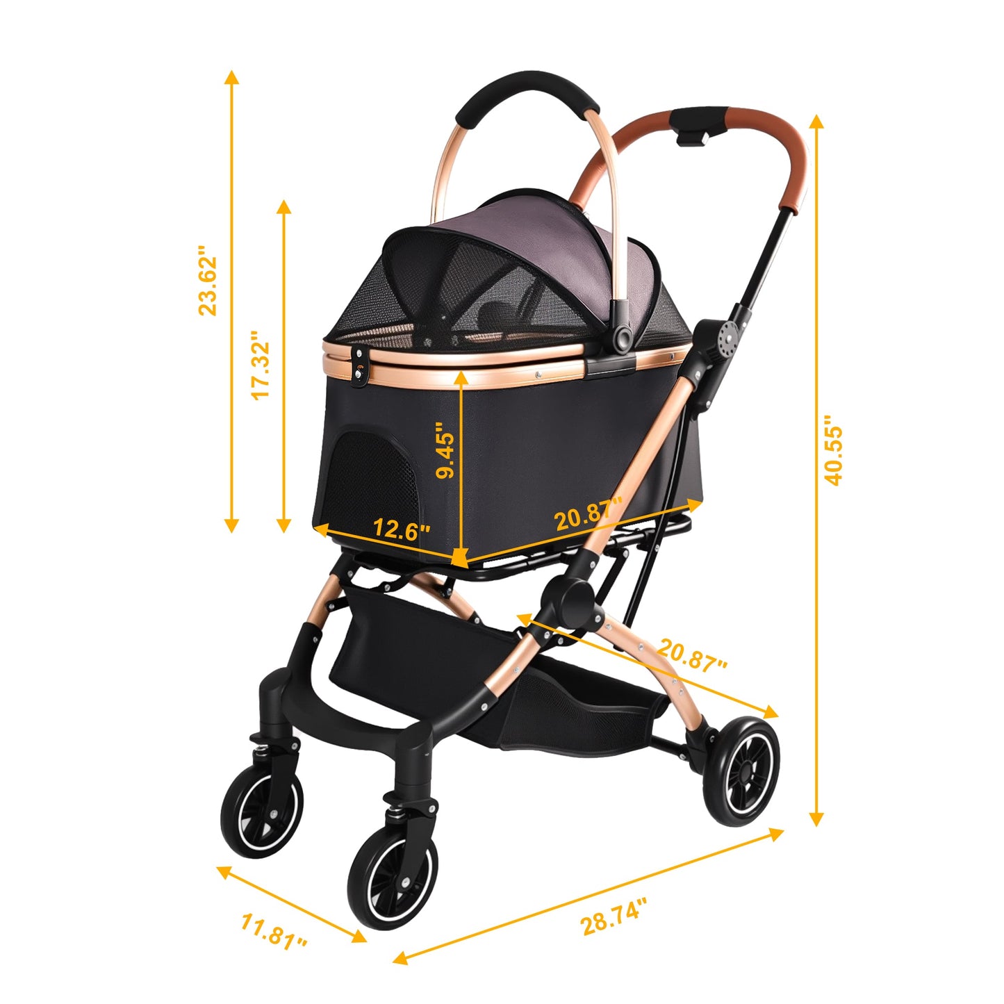 HouseOfZazla Pet Stroller, 2-in-1 detachable foldable design, copper frame with purple canopy on Tampa Home & Garden Store