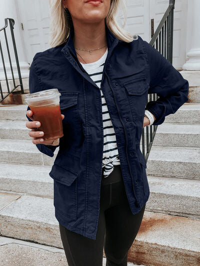 Retro pocketed long sleeve zip-up jacket in navy, lightweight Stevvex outerwear with pockets on Tampa Home & Garden Store