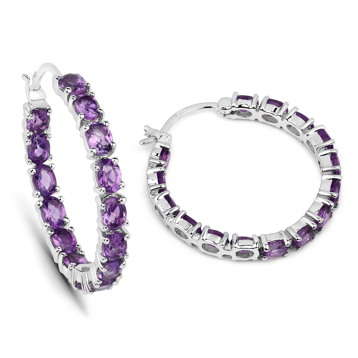 Pair of Bids.com amethyst hoop earrings in .925 sterling silver with prong-set purple stones on Tampa Home & Garden Store