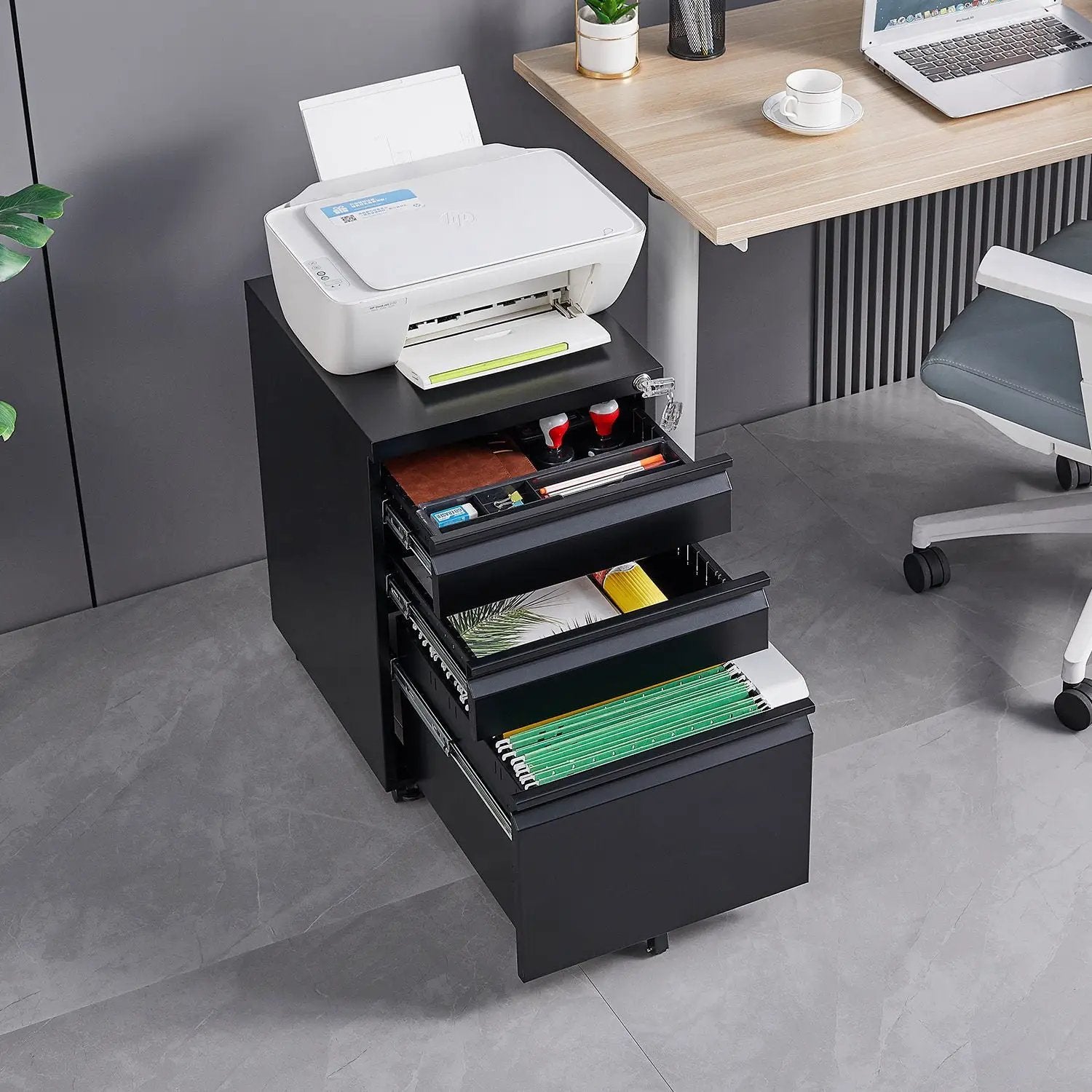Contemporary 3-drawer mobile filing cabinet with lock, black metal office storage on Tampa Home & Garden Store