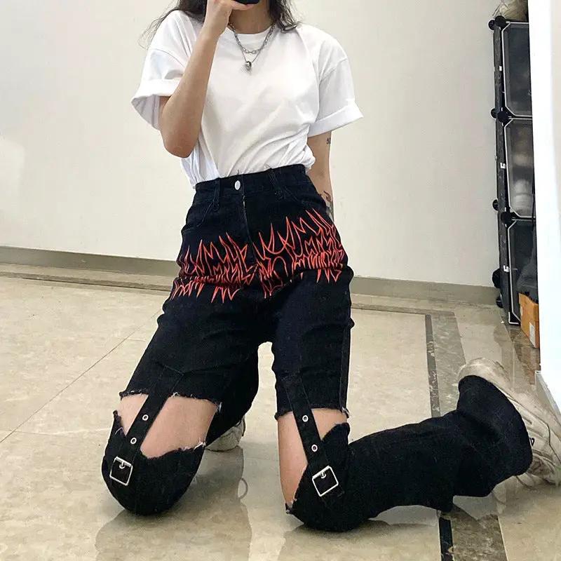 Trendy black high-rise jeans by FLIPSTYLEZLLC with stitchable metal buckles and ripped knees on Tampa Home & Garden Store