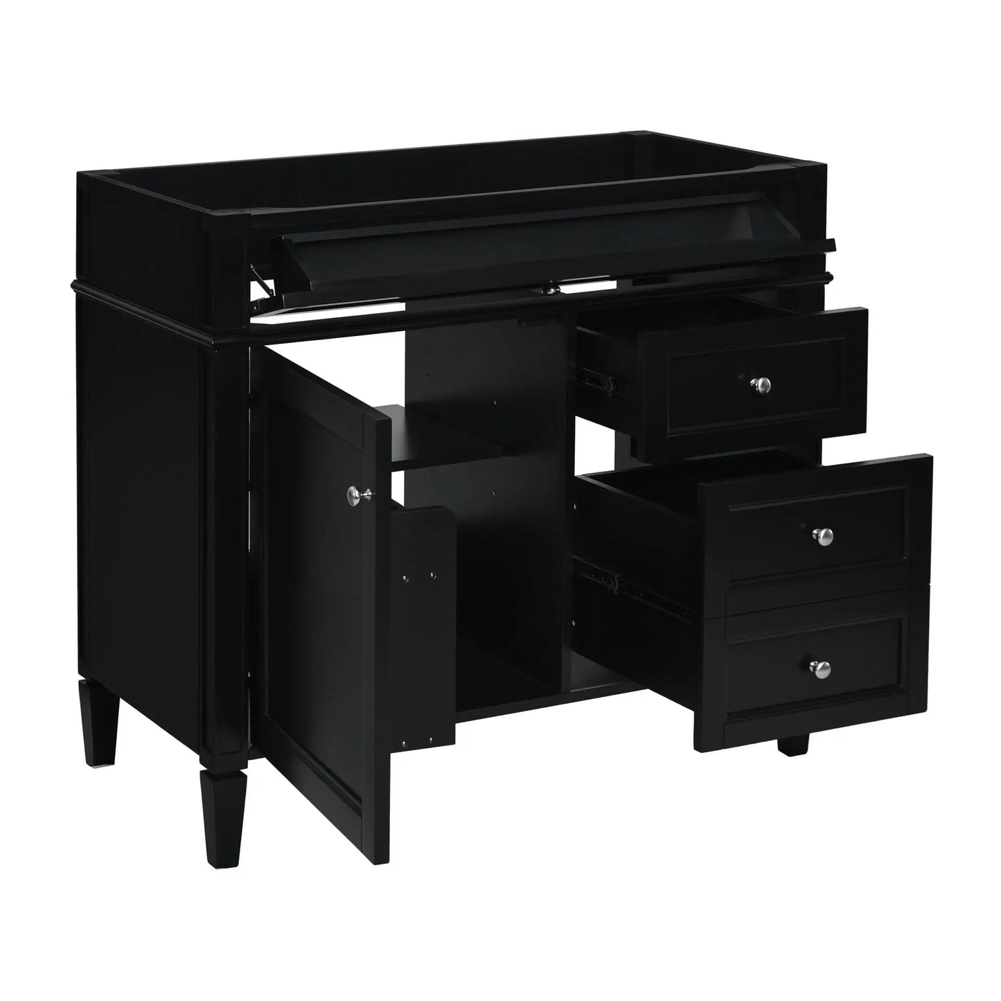 Black bathroom vanity base with two drawers and a tip-out drawer, chrome knobs on Tampa Home & Garden Store
