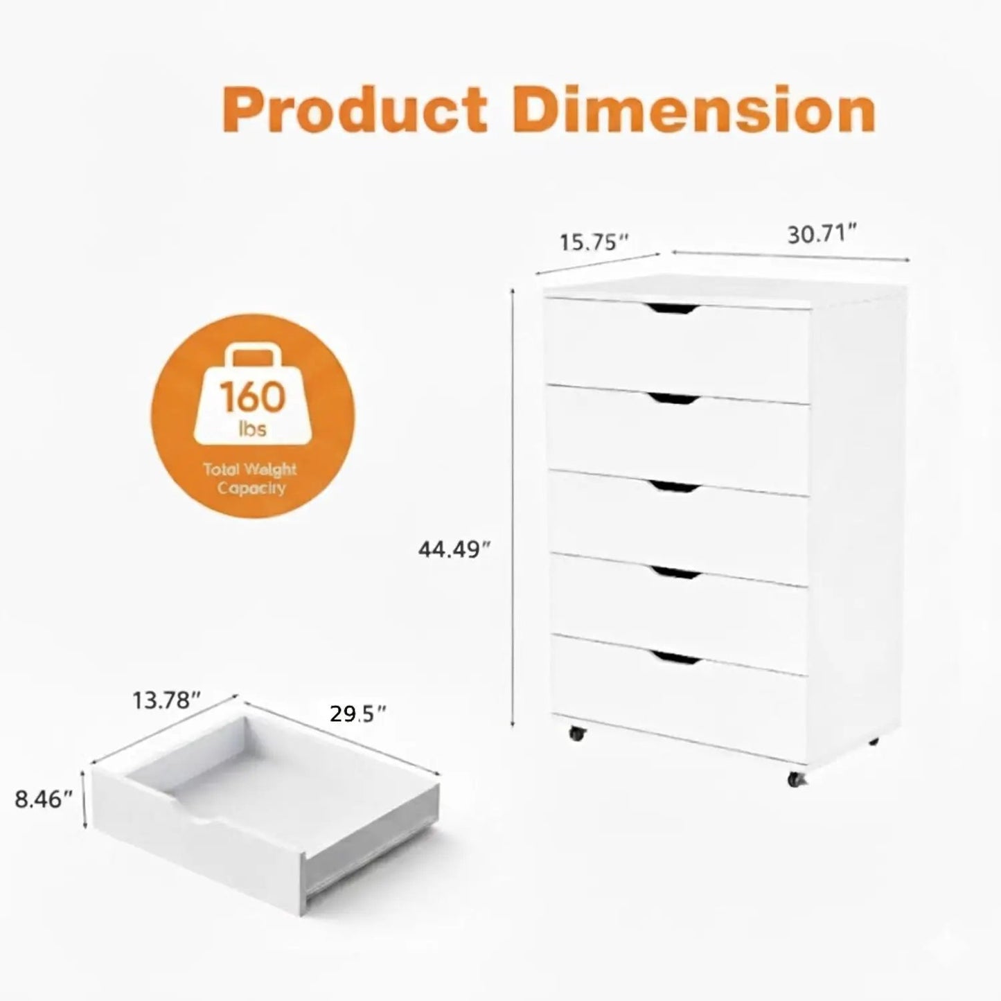 Modern 5 Drawer Dresser With Wheels white finish on casters on Tampa Home & Garden Store