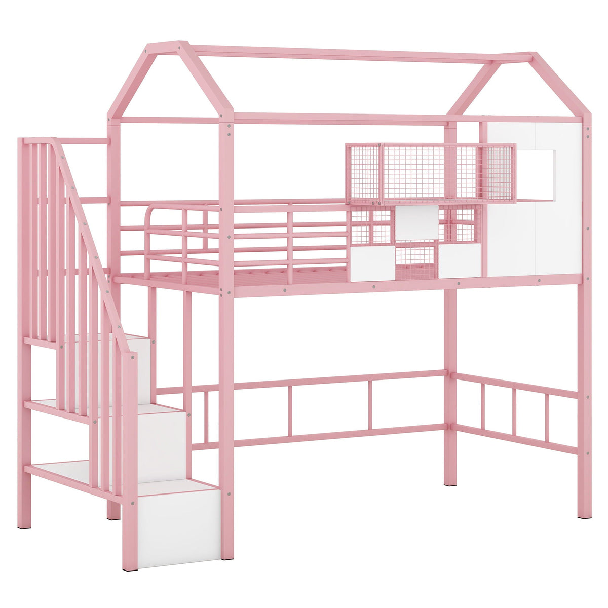 Pink metal loft bed with roof design, guardrails, storage boxes and integrated ladder on Tampa Home & Garden Store
