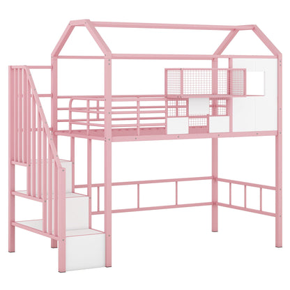 Pink metal loft bed with roof design, guardrails, storage boxes and integrated ladder on Tampa Home & Garden Store