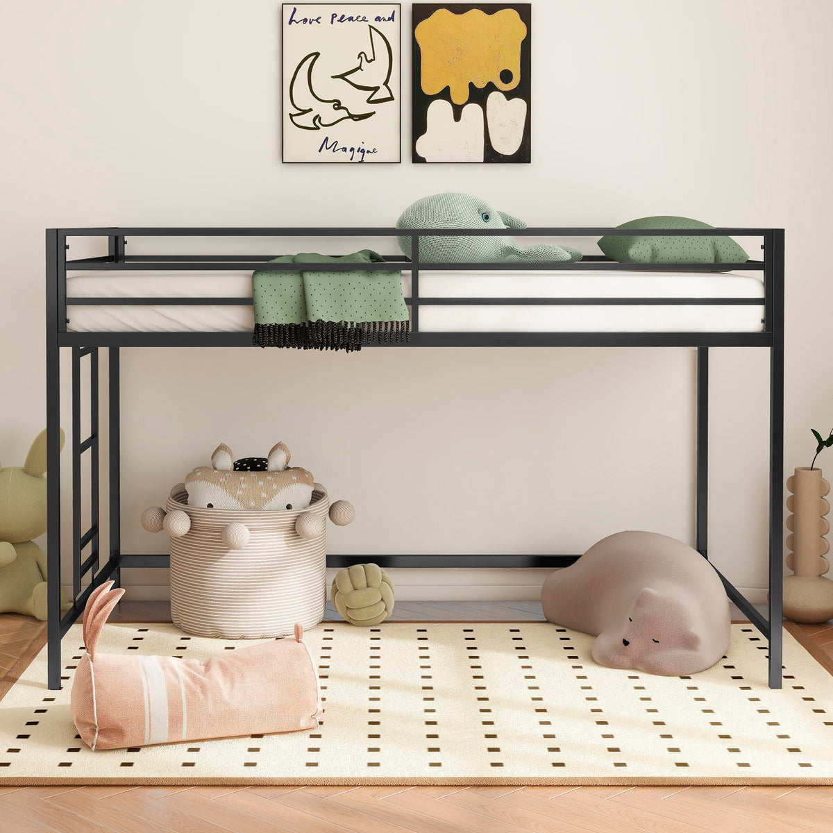 Black twin loft bed with full-length guardrails and reversible ladder, dark metal frame on Tampa Home & Garden Store