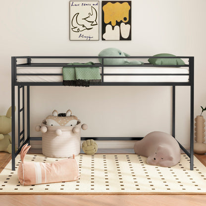 Black twin loft bed with full-length guardrails and reversible ladder, dark metal frame on Tampa Home & Garden Store