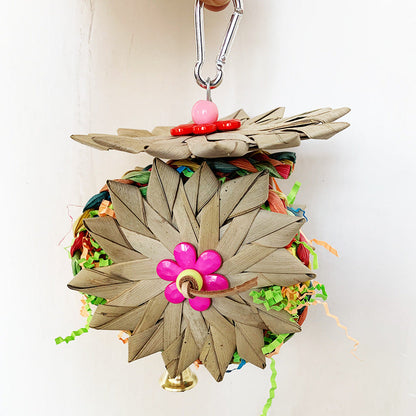 Parrot Palm Brushed Educational Bird Toy wooden palm leaf with pink flower and paper strips on Tampa Home & Garden Store