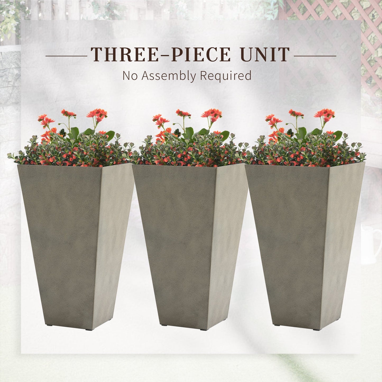 Outsunny 3-pack tall gray planters with drainage holes housing red flowering plants, HouseOfZazla on Tampa Home & Garden Store