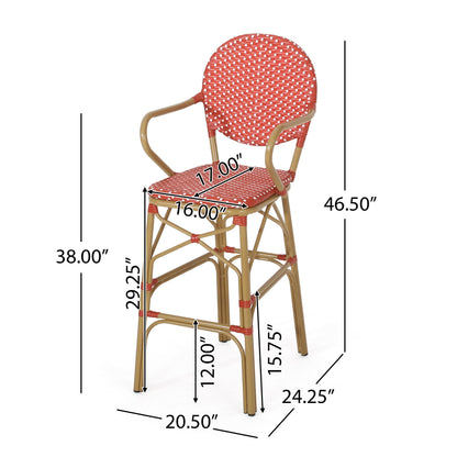 Outdoor wicker and aluminum French bar stools, red woven seat and back, set of 2 by HouseOfZazla on Tampa Home & Garden Store