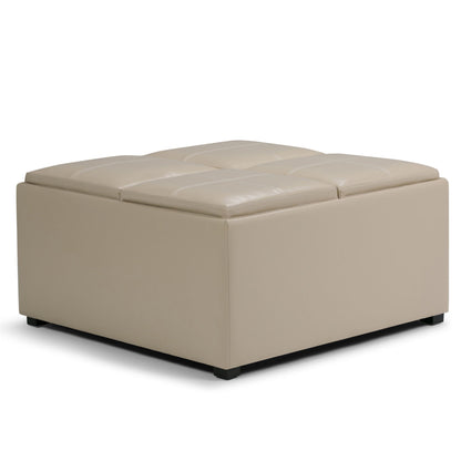 Avalon Square Ottoman with Trays beige faux leather, black feet HouseOfZazla on Tampa Home & Garden Store