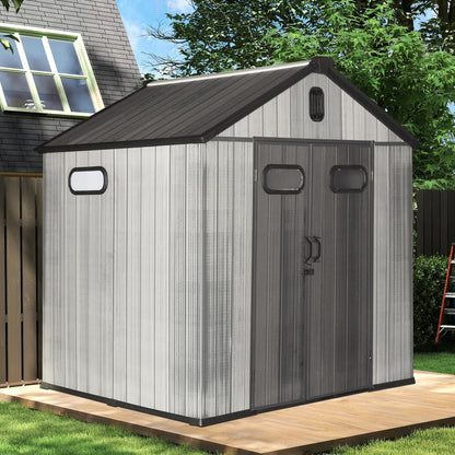 8x8FT resin outdoor storage shed by HouseOfZazla with lockable double doors, gray ribbed panels on Tampa Home & Garden Store