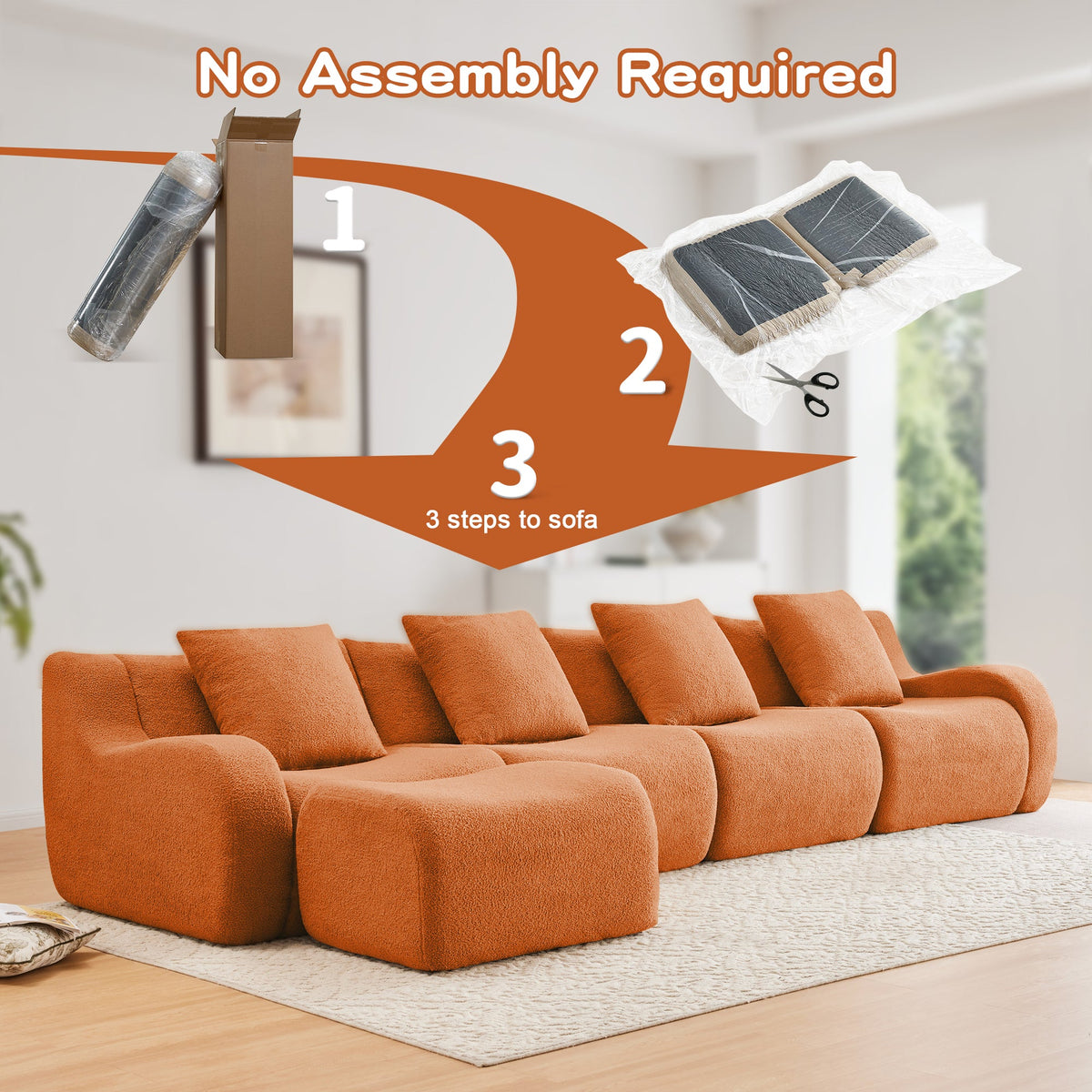 L-shaped 4-seat boneless sofa in burnt orange textured fabric by HouseOfZazla in a modern living room on Tampa Home & Garden Store