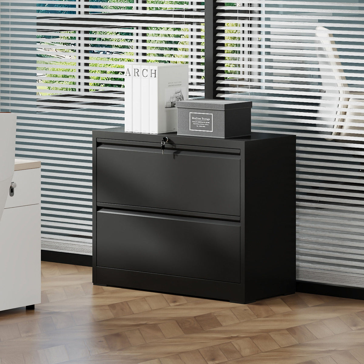 Black HouseOfZazla lateral filing cabinet with locking drawers, 3-drawer cabinet on Tampa Home & Garden Store