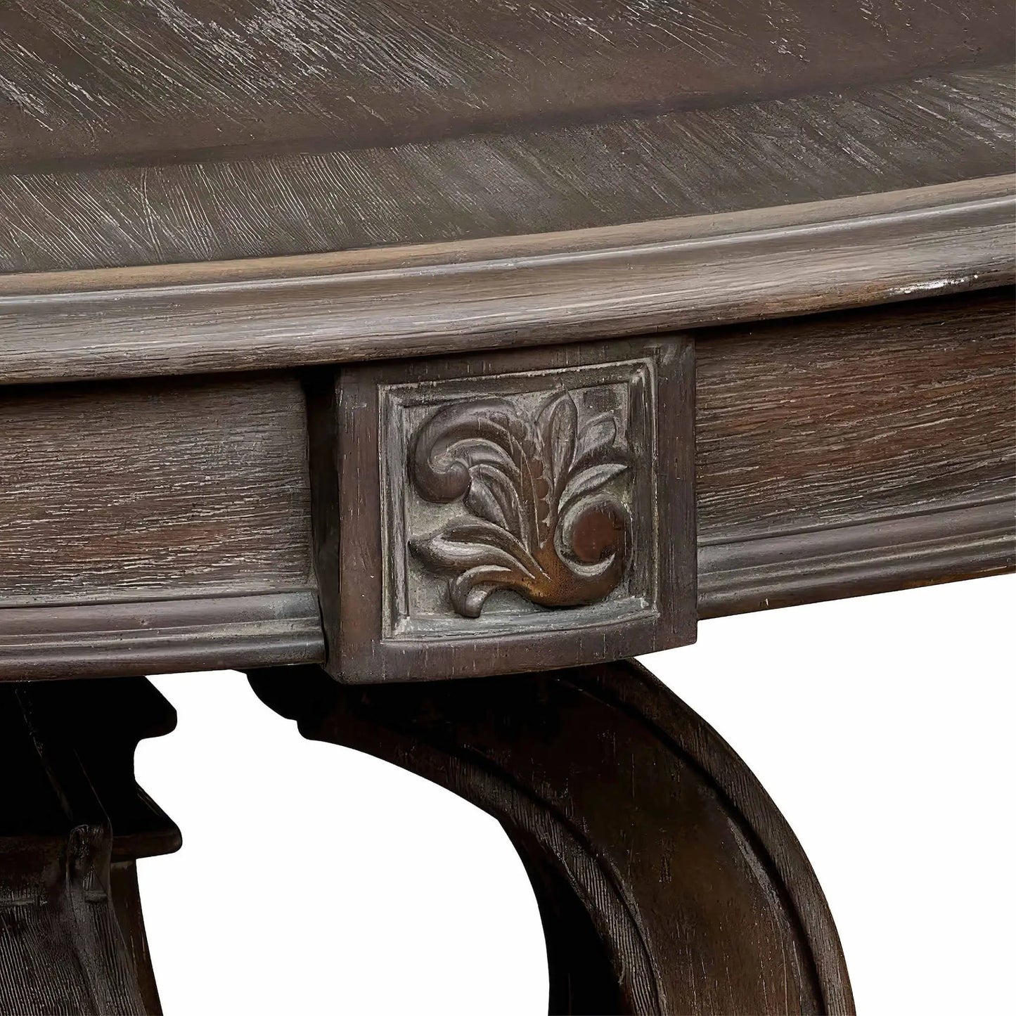 Elegant dining set round table with ornate carved floral relief in dark brown wood on Tampa Home & Garden Store