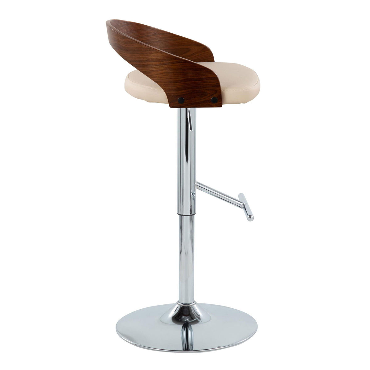 Mid-century barstool set with beige seat, wood back, adjustable height and swivel, chrome pedestal base on Tampa Home & Garden Store