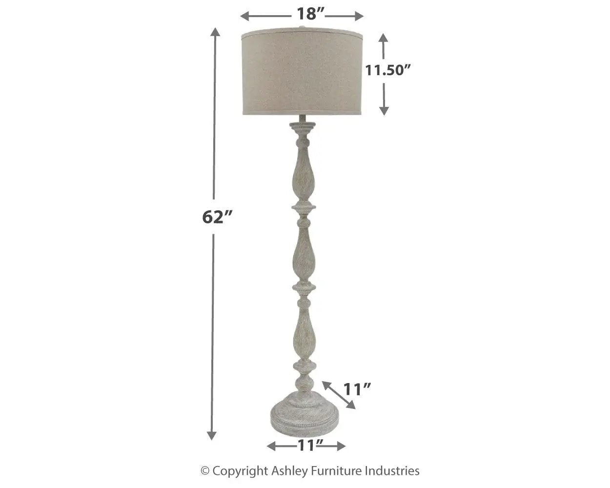 Bernadate Poly Floor Lamp in whitewash with beige drum shade and ornate turned pedestal on Tampa Home & Garden Store