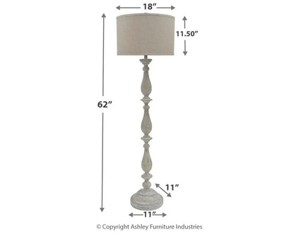 Bernadate Poly Floor Lamp in whitewash with beige drum shade and ornate turned pedestal on Tampa Home & Garden Store