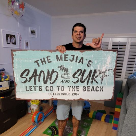 Sand and Surf Sign II canvas by Tailored Canvases with teal weathered beach art on Tampa Home & Garden Store