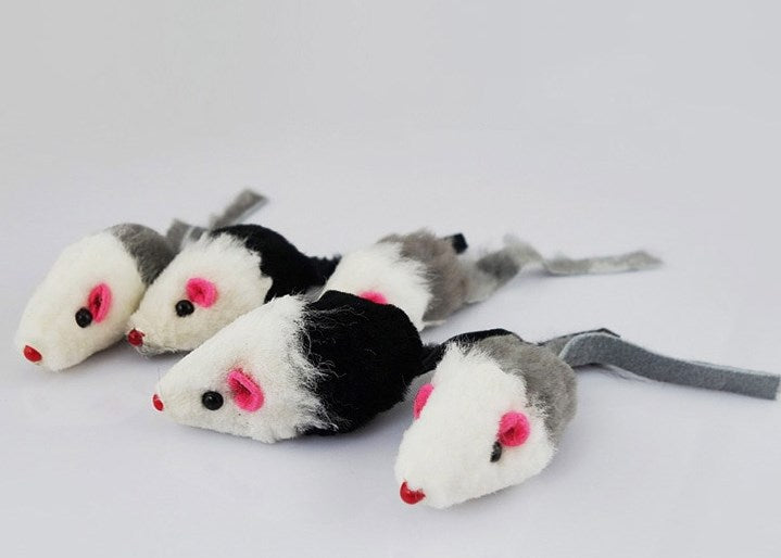 4-pack rabbit-skin plush mice for cats, white with black patches, pink ears on Tampa Home & Garden Store