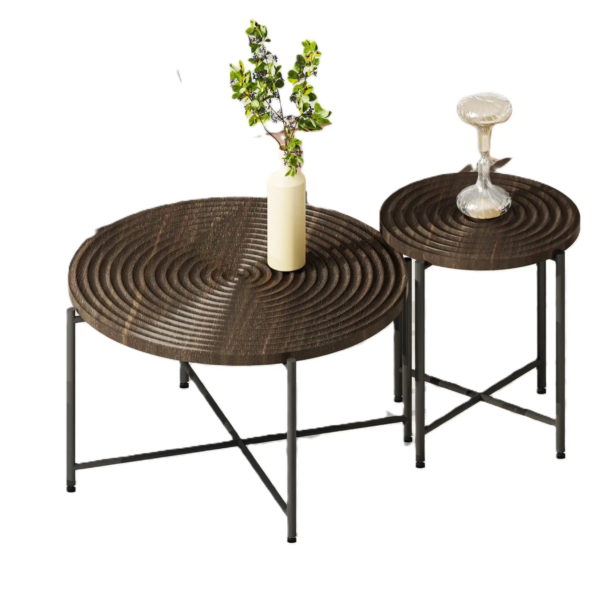 Coffee and end tables set of 2 with dark brown circular tops and black metal legs on Tampa Home & Garden Store