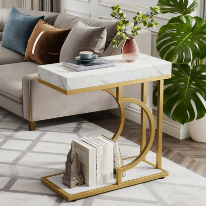 C-shaped sofa side table with white faux marble top and gold metal frame on Tampa Home & Garden Store