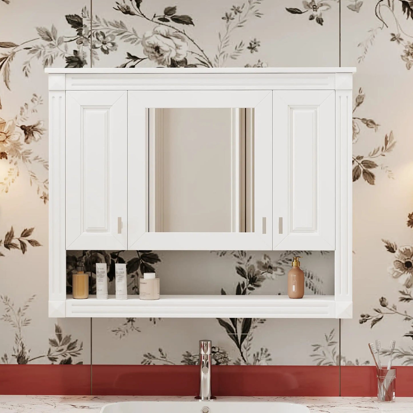 Wall Mounted Cabinet with Mirror and Open Shelf