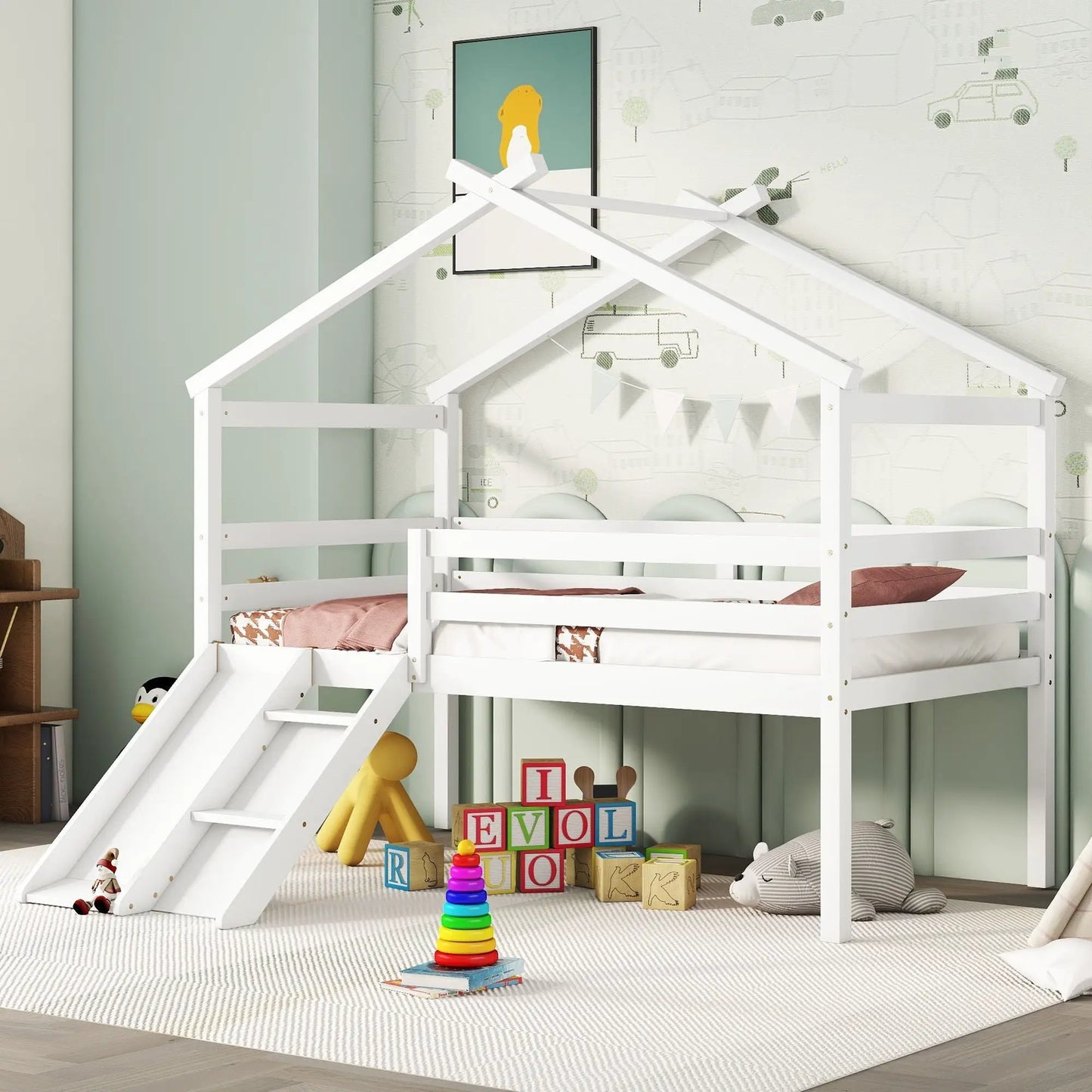 Low Loft House Bed With Slide and Guardrails