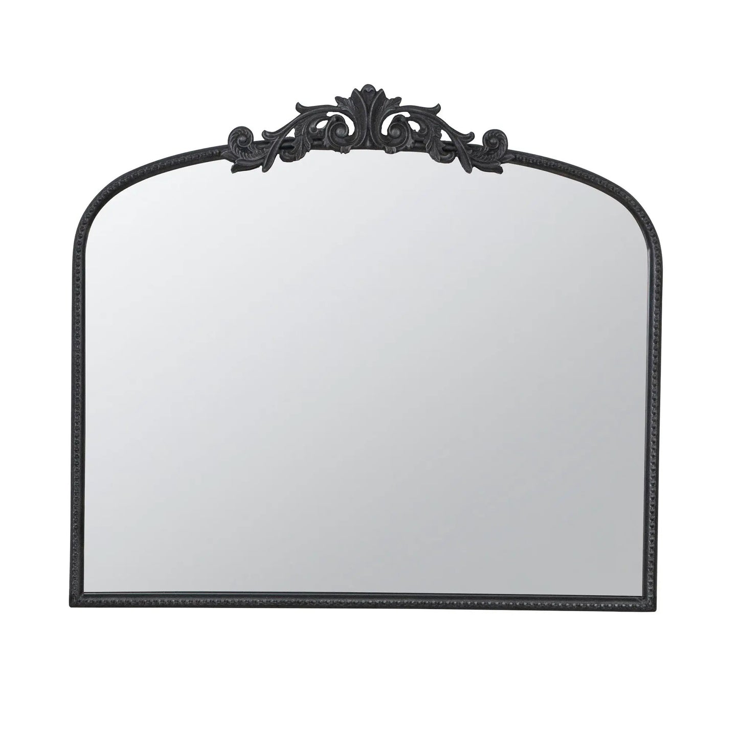 Arch Mirror with black ornate metal frame and Baroque crest by Unique Piece Furniture on Tampa Home & Garden Store