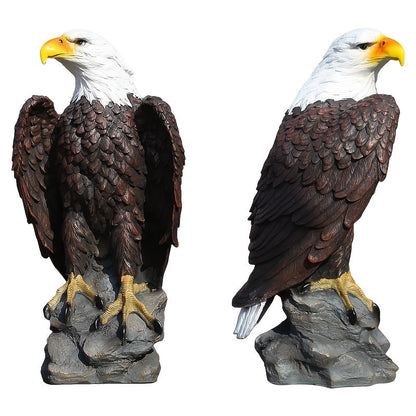 Pair of standing bald eagle garden statues, white heads, brown bodies on rock bases on Tampa Home & Garden Store