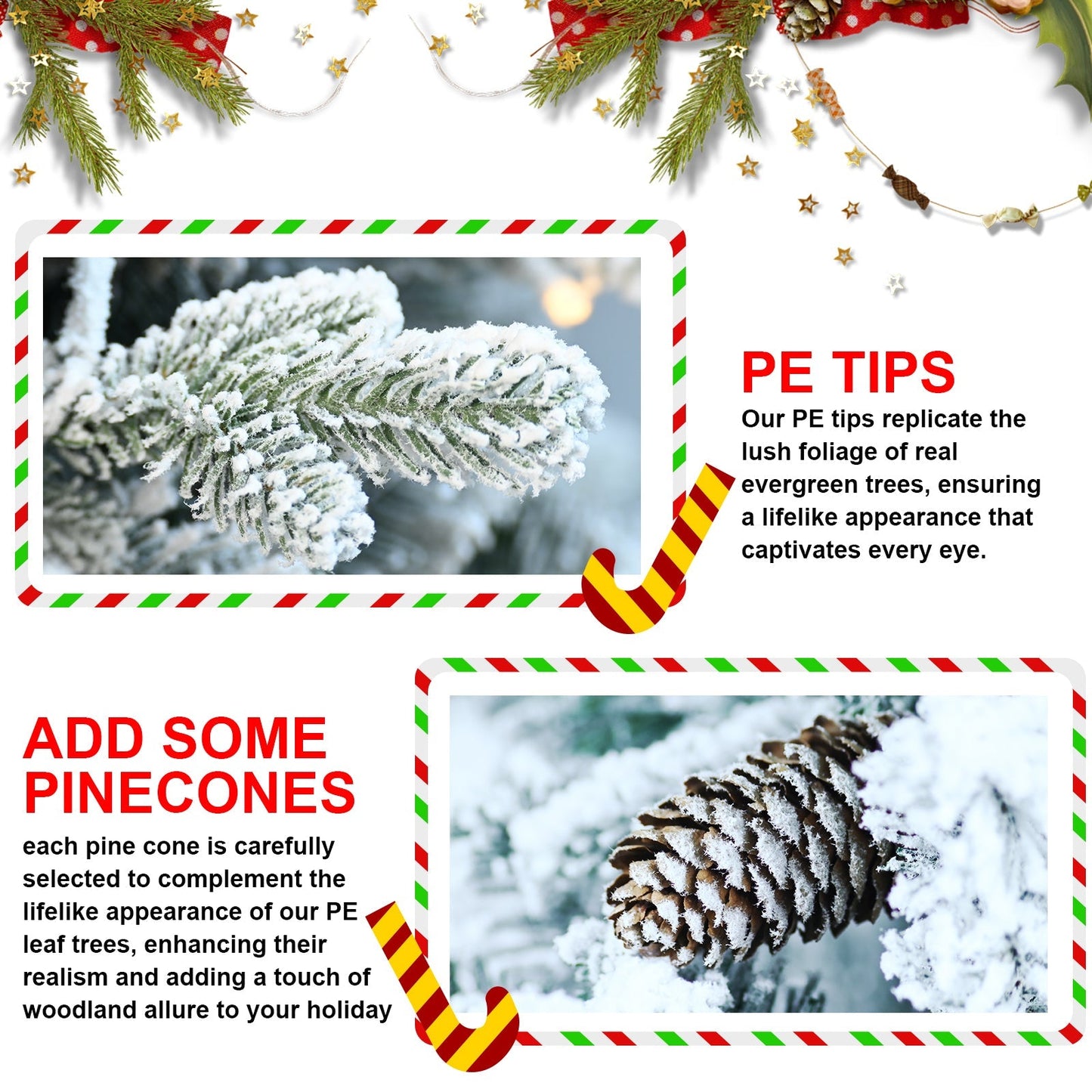 2FT Flocked Christmas Tree with Pot Base collage of snow-dusted pine branches and pinecones on Tampa Home & Garden Store
