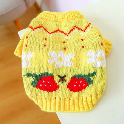 Bowknot yellow knit dog sweater with strawberry motif and white flowers on Tampa Home & Garden Store