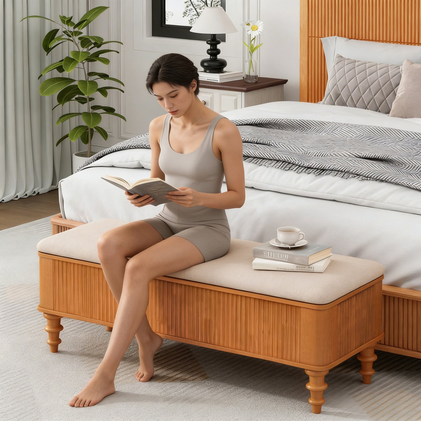 50.8-Inch Multi-Functional Storage Ottoman Bench by HouseOfZazla beige upholstered top wood frame on Tampa Home & Garden Store
