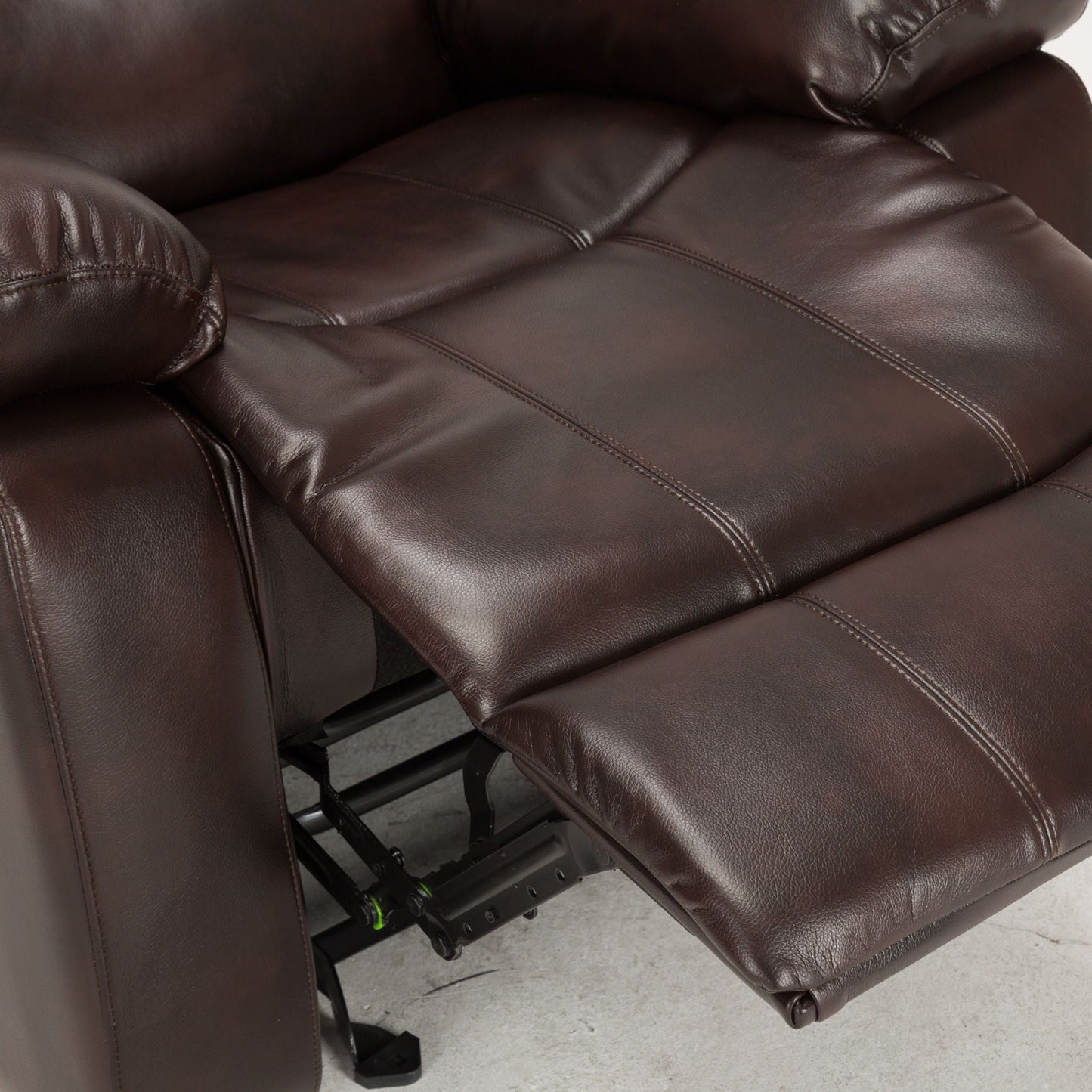 Charlotte glider recliner in dark brown leather with stitched cushion seams on Tampa Home & Garden Store