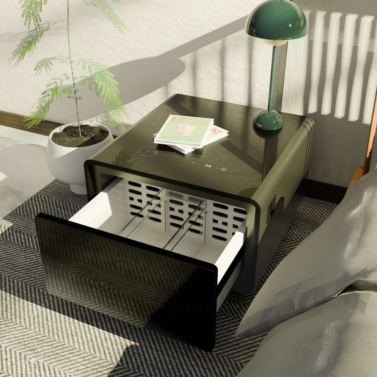 Modern Smart Side Table with Built-In Fridge and Wireless Charging, black top by HouseOfZazla on Tampa Home & Garden Store