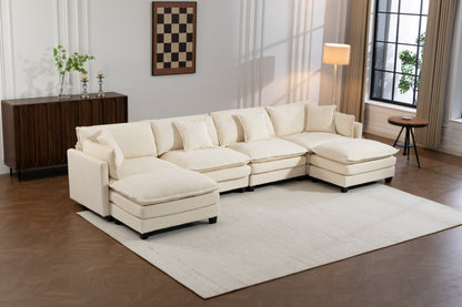 HouseOfZazla Modern 4-Seater Sectional Sofa with 2 Ottomans in cream fabric in a room on Tampa Home & Garden Store
