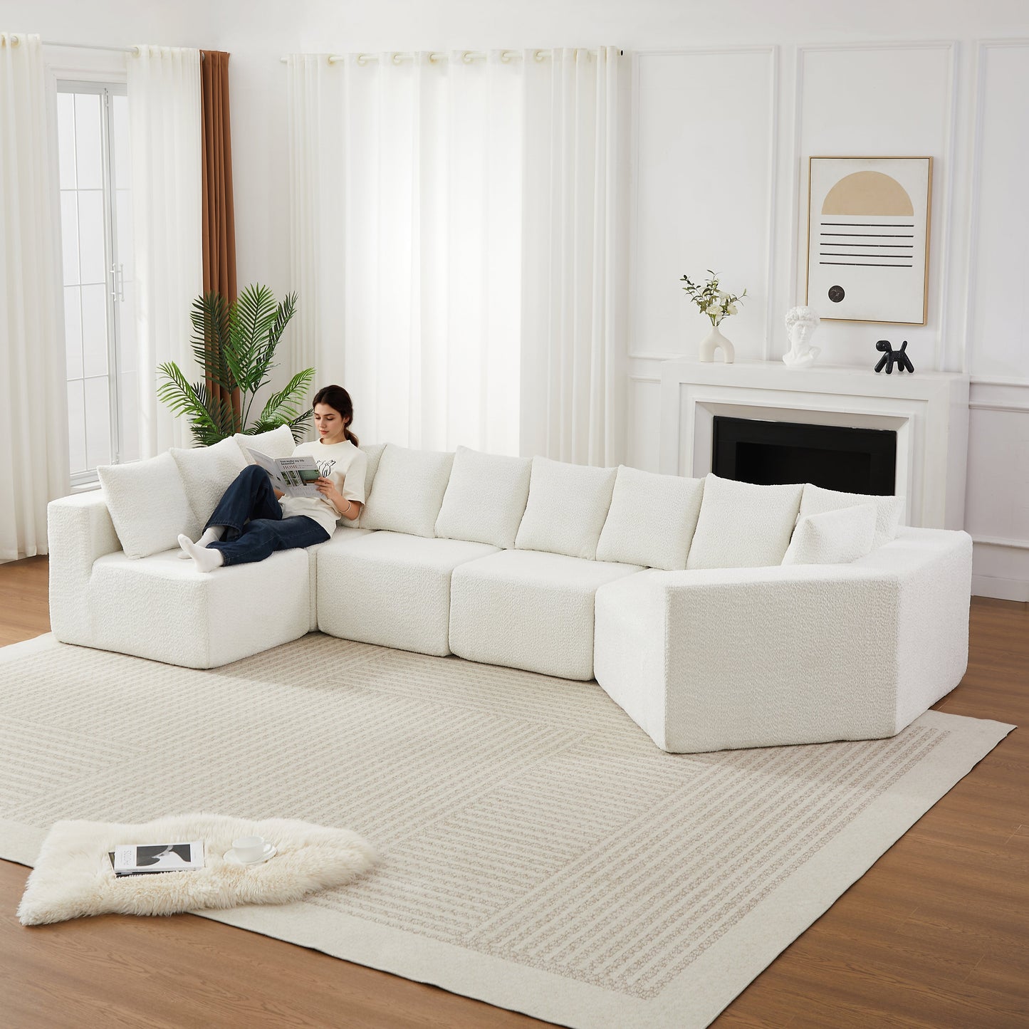 151.6-Inch Extra-Large L-Shaped Chenille Sectional Sofa in white chenille fabric on Tampa Home & Garden Store