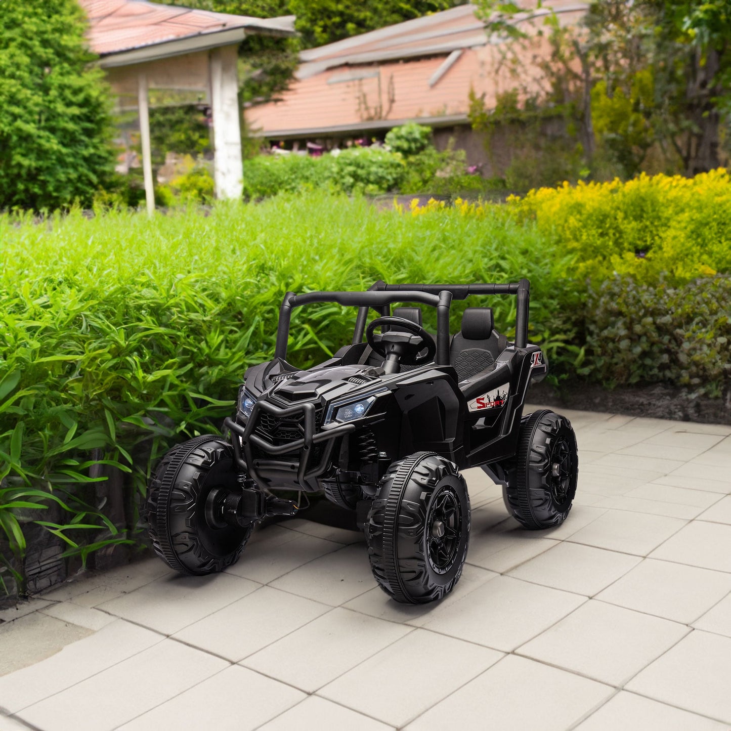 Side-by-Side 4x4 ride-on off-road toy car, black with oversized rugged tires on Tampa Home & Garden Store