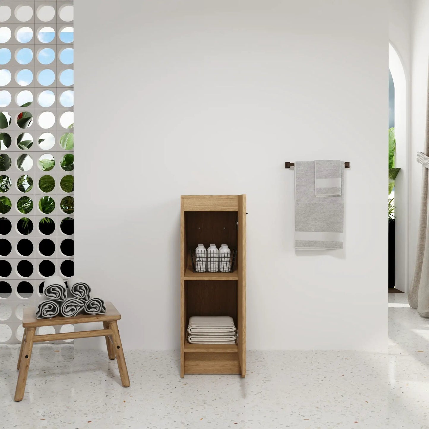 Slim Freestanding Bathroom Cabinet in Light Oak