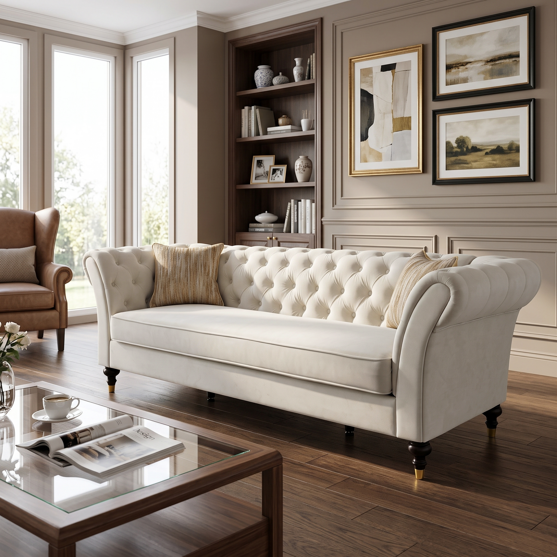 88.5in Chesterfield Sofa by HouseOfZazla, cream tufted fabric with rolled arms on Tampa Home & Garden Store