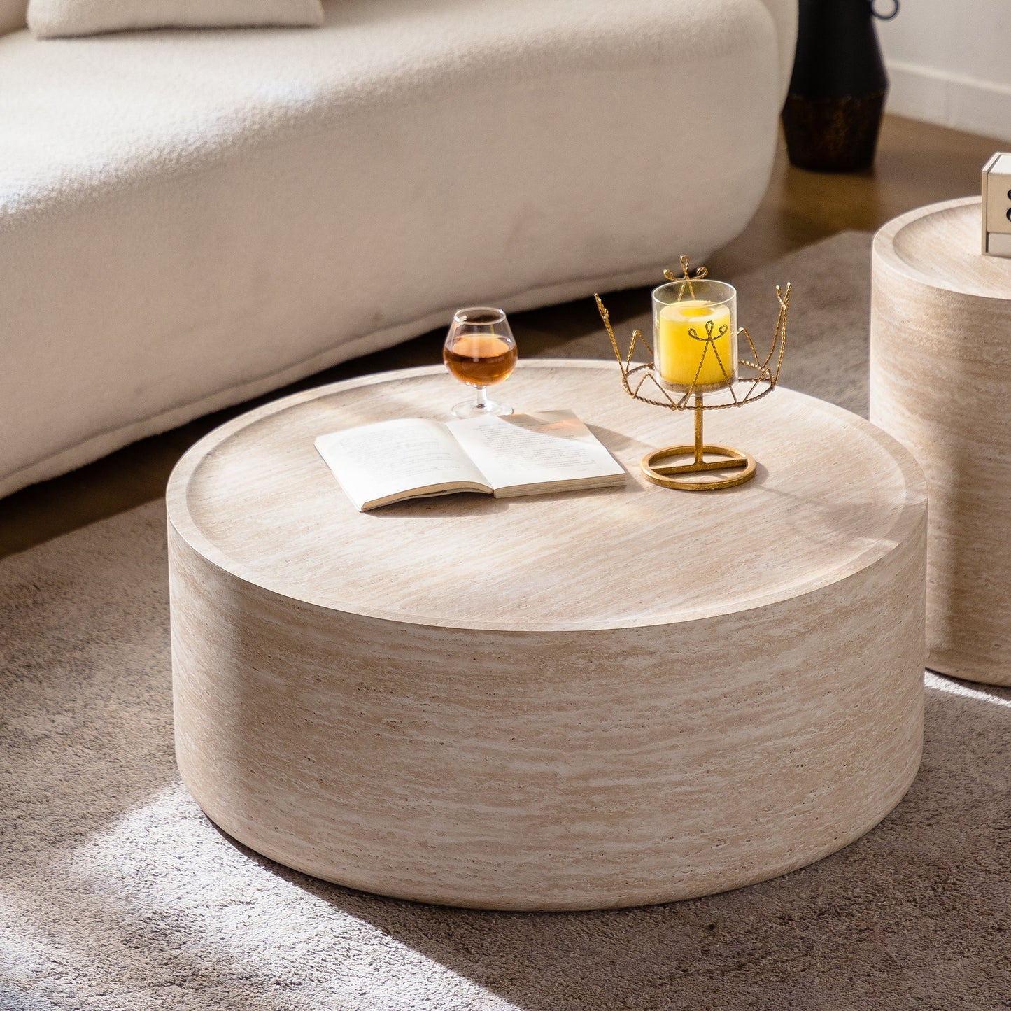 Pair of 31.5-inch round coffee tables with Mars pattern, cream marble finish on Tampa Home & Garden Store