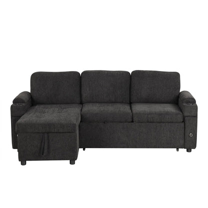 L-shaped stationary sectional sofa in charcoal gray with storage ottoman and cup holders on Tampa Home & Garden Store